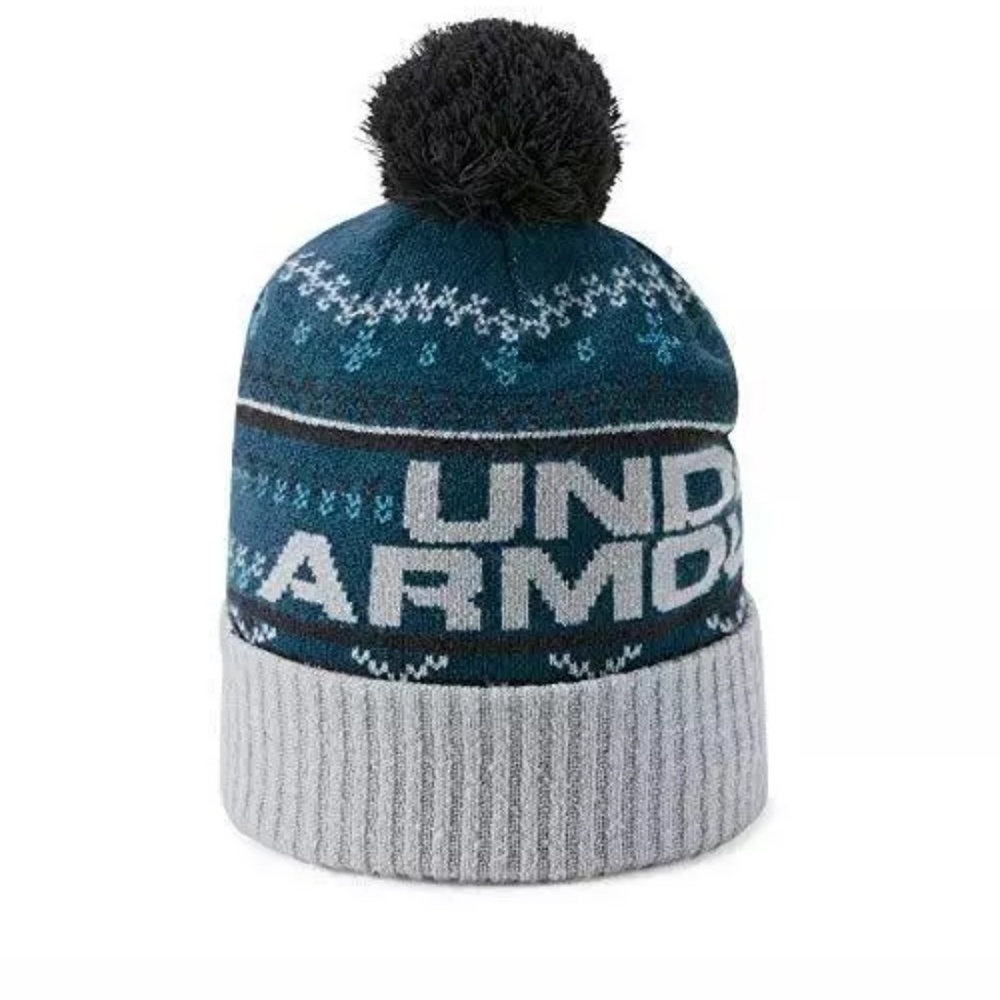 NWT Under Armour Men Retro Pom Beanie Teal/Blue/Gr